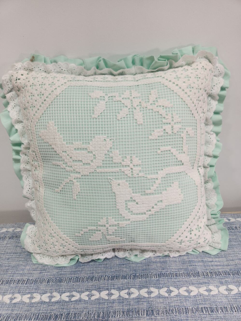Vintage Filet Crochet Bird Pillow Mint Green Ruffle Lace Cottagecore Handmade